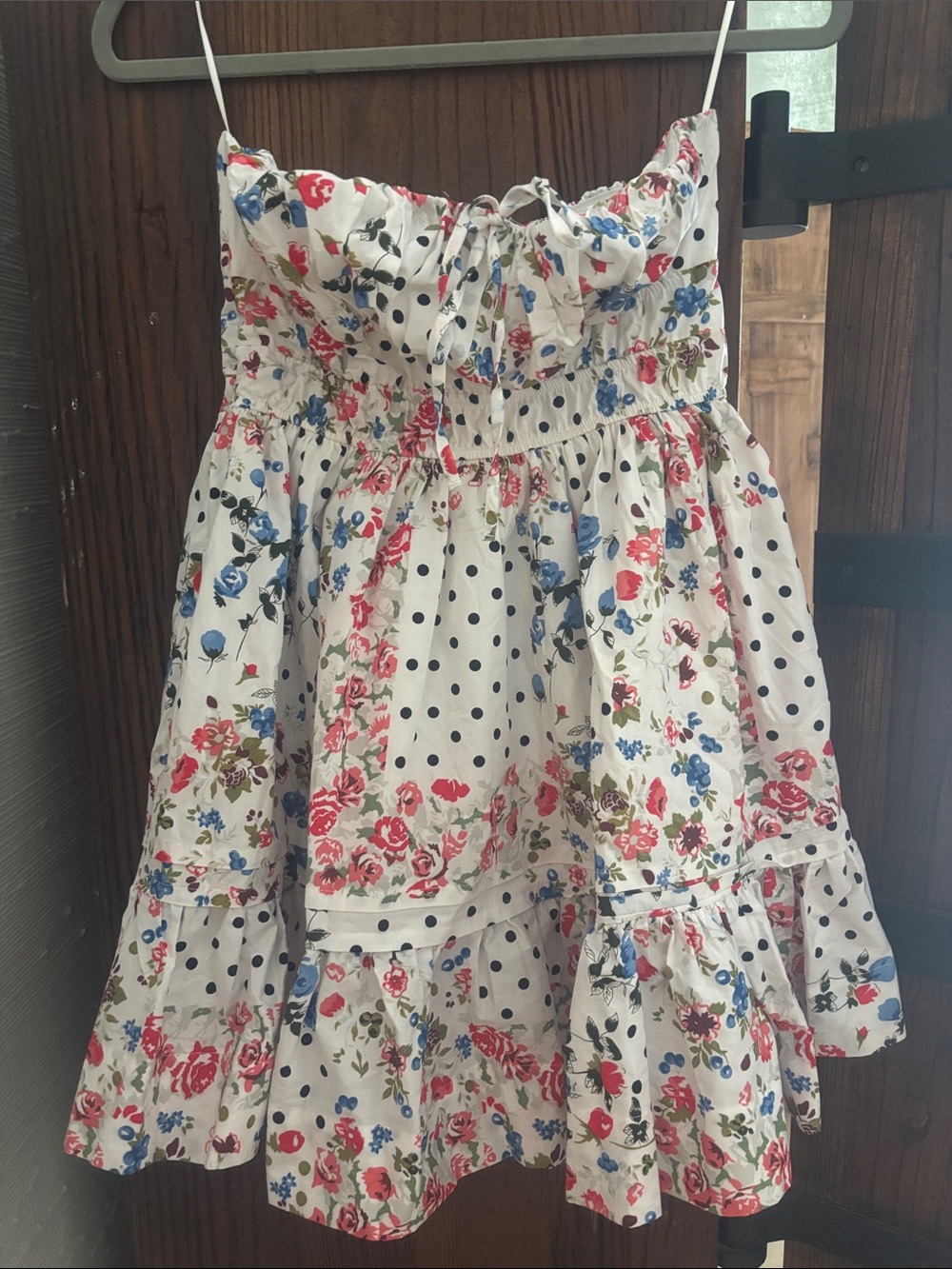 NWOT Anthropologie White Floral & Navy Polka Dot Mini Dress